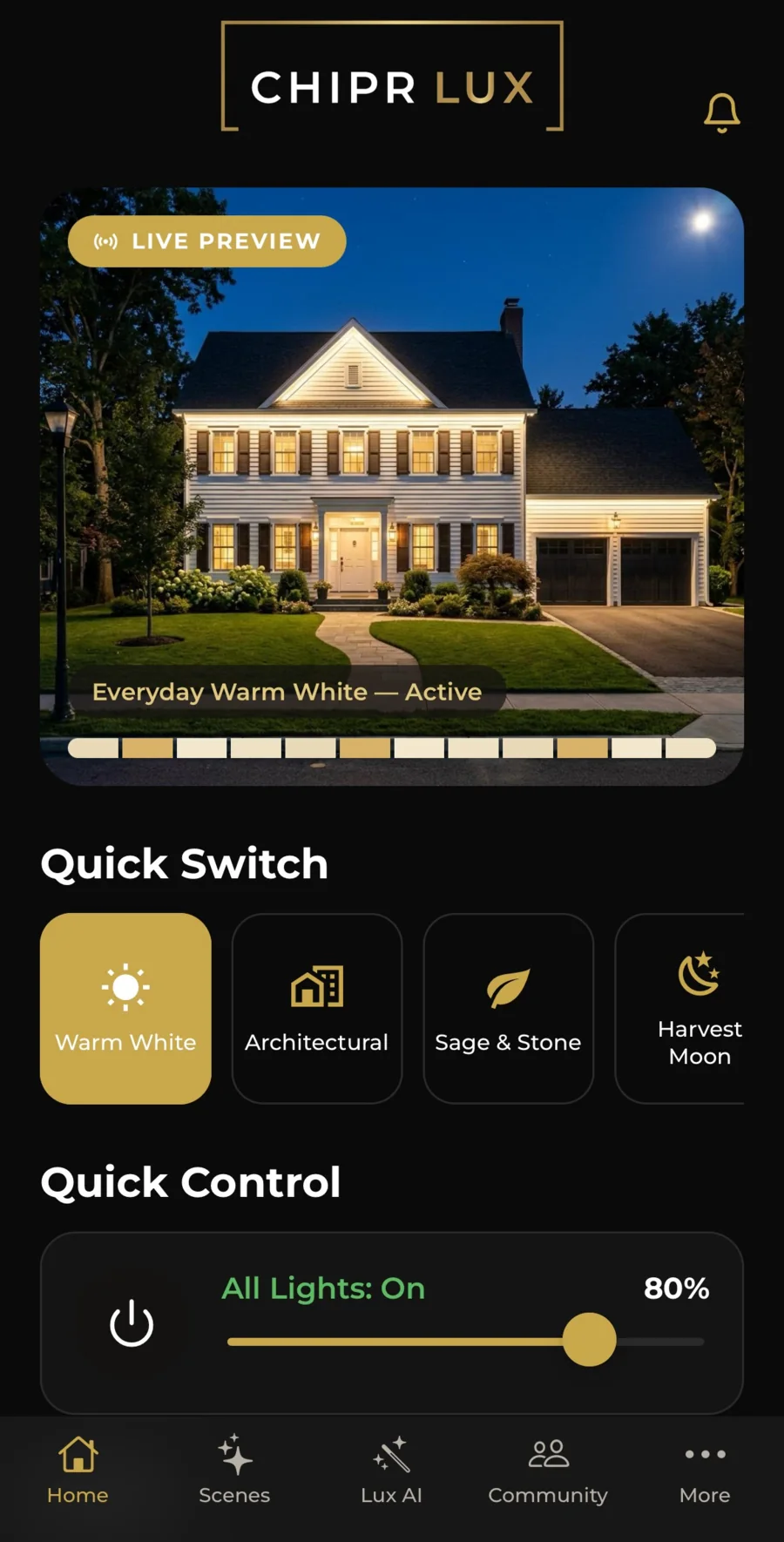 CHIPR LUX app Home screen showing a warm white scene and quick controls