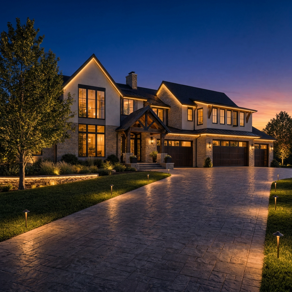 Utah home at night with permanent roofline lighting for Coordinated color for outdoor spaces.