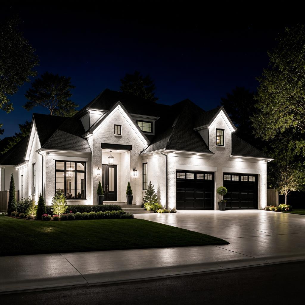 Utah home at night with permanent roofline lighting for Roofline lighting for nighttime visibility.