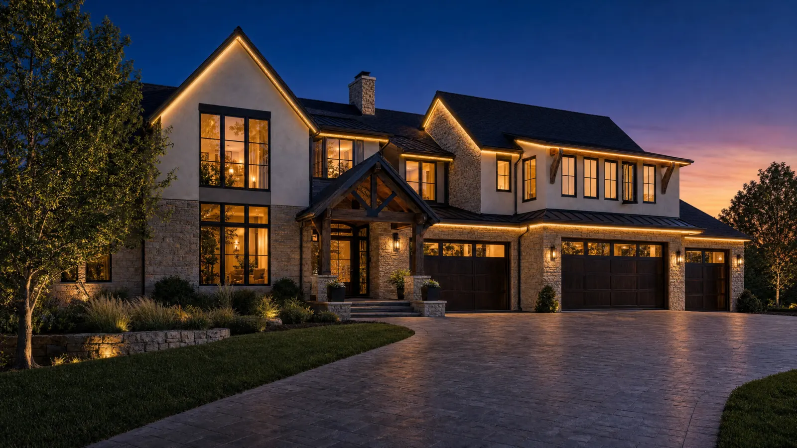The same home at night — roofline lit with Warm White lighting